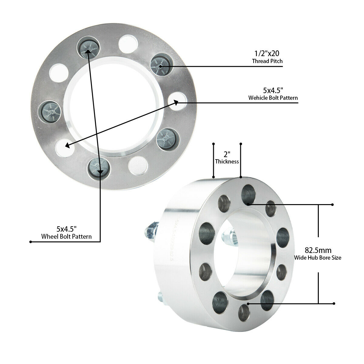 KYX® 5x4.5" Wheel Spacers 2" 82.5mm 1/2"x20 2Pcs 1