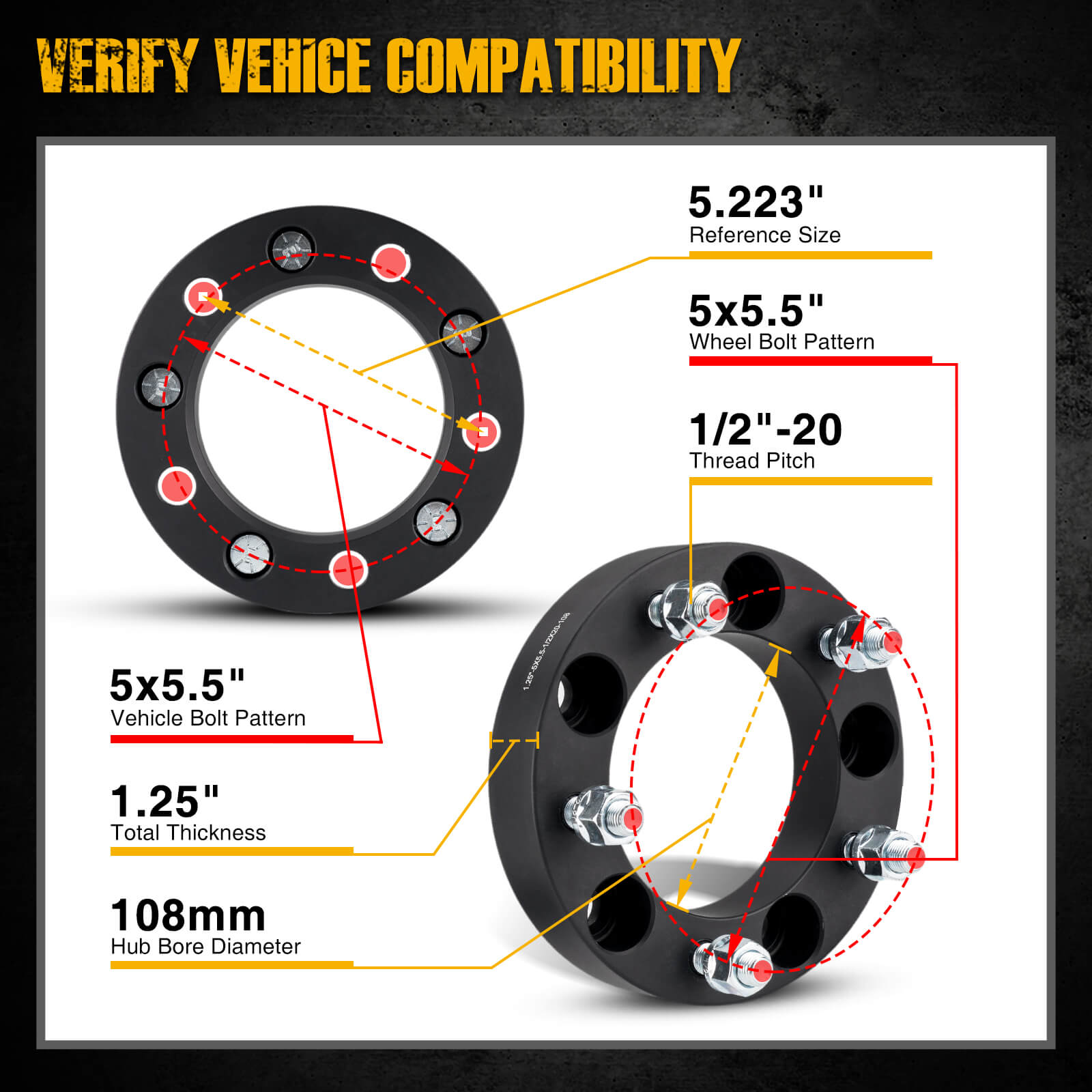 KAX® 1.25" 5x5.5" Wheel Spacers 108mm 1/2"x20 4PCS for 1972 Ford Bronco 6