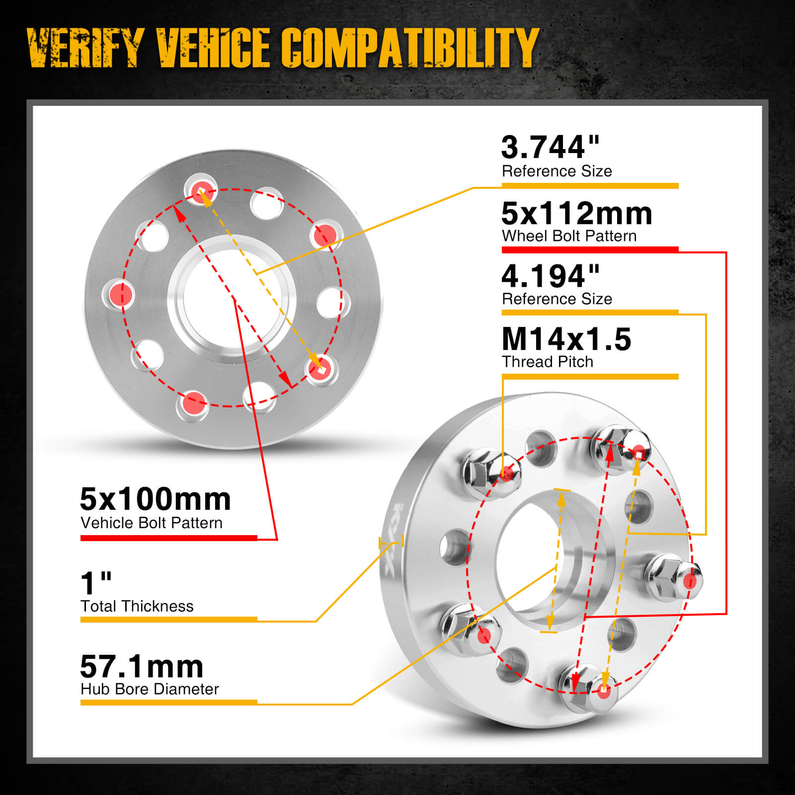 KYX® 25mm 5x100mm to 5x112mm Wheel Adapters Hub Centric 57.1mm M14x1.5 4PCS for 2020 Audi TT RS Quattro 1