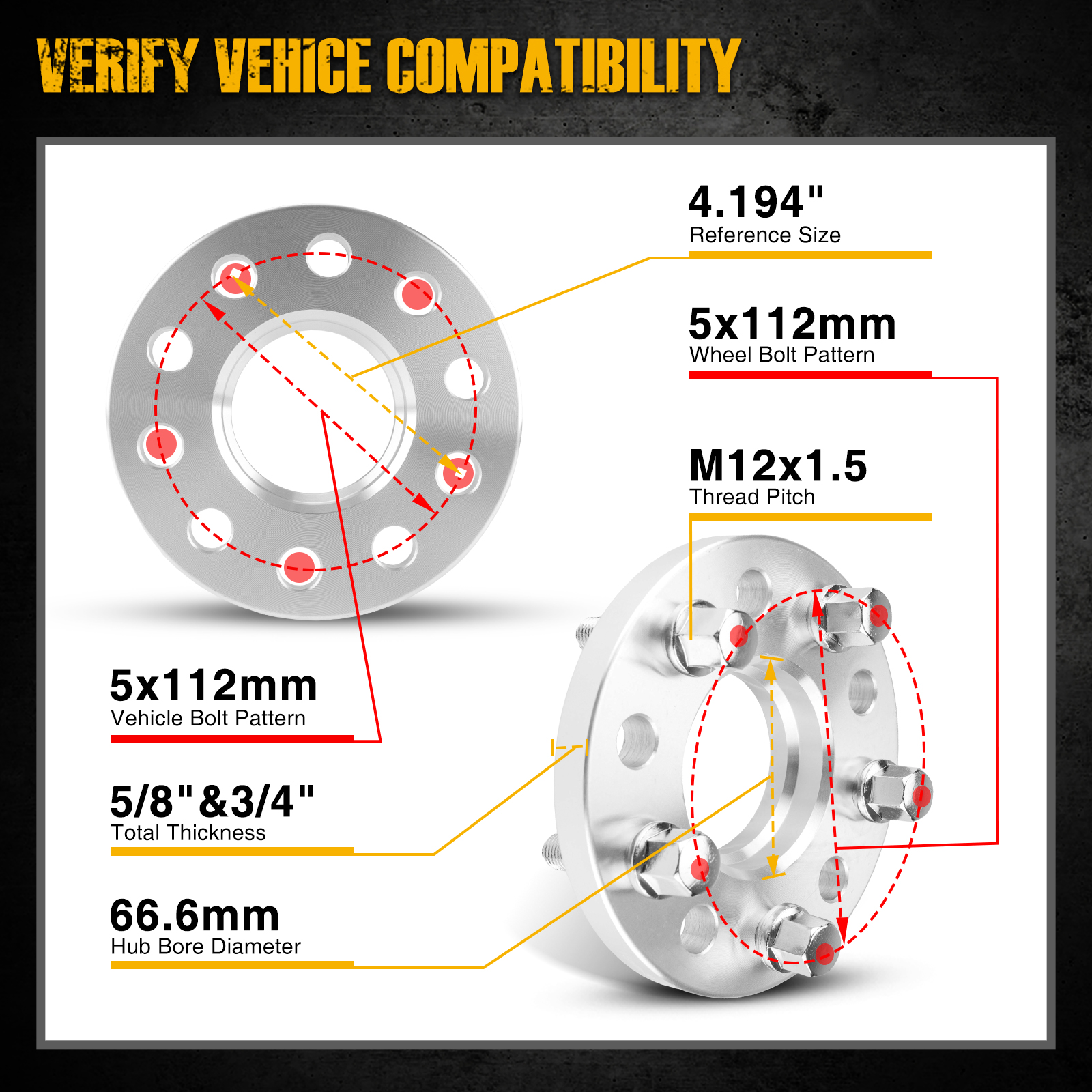 Suncent® 5x112mm Wheel Spacers Hub Centric 15mm 66.6mm M12x1.5 4Pcs 1