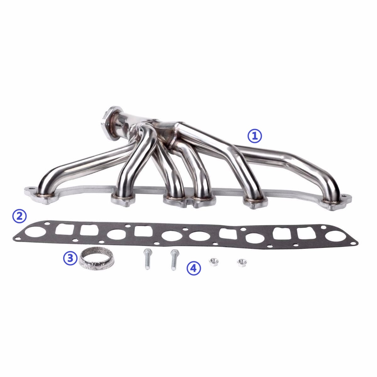 Complete package: exhaust manifold header, exhaust header gasket, outlet flange gasket
