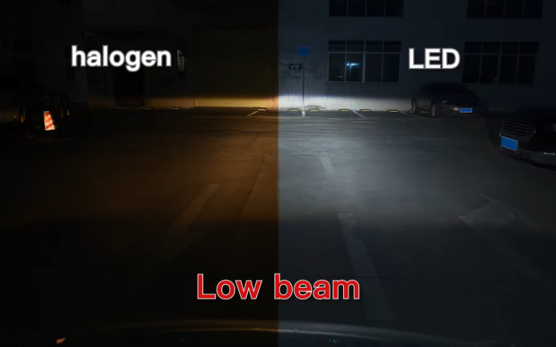 low beam light comparision of the 9007 halogen bulb and 9007 SEALIGHT LED bulbs