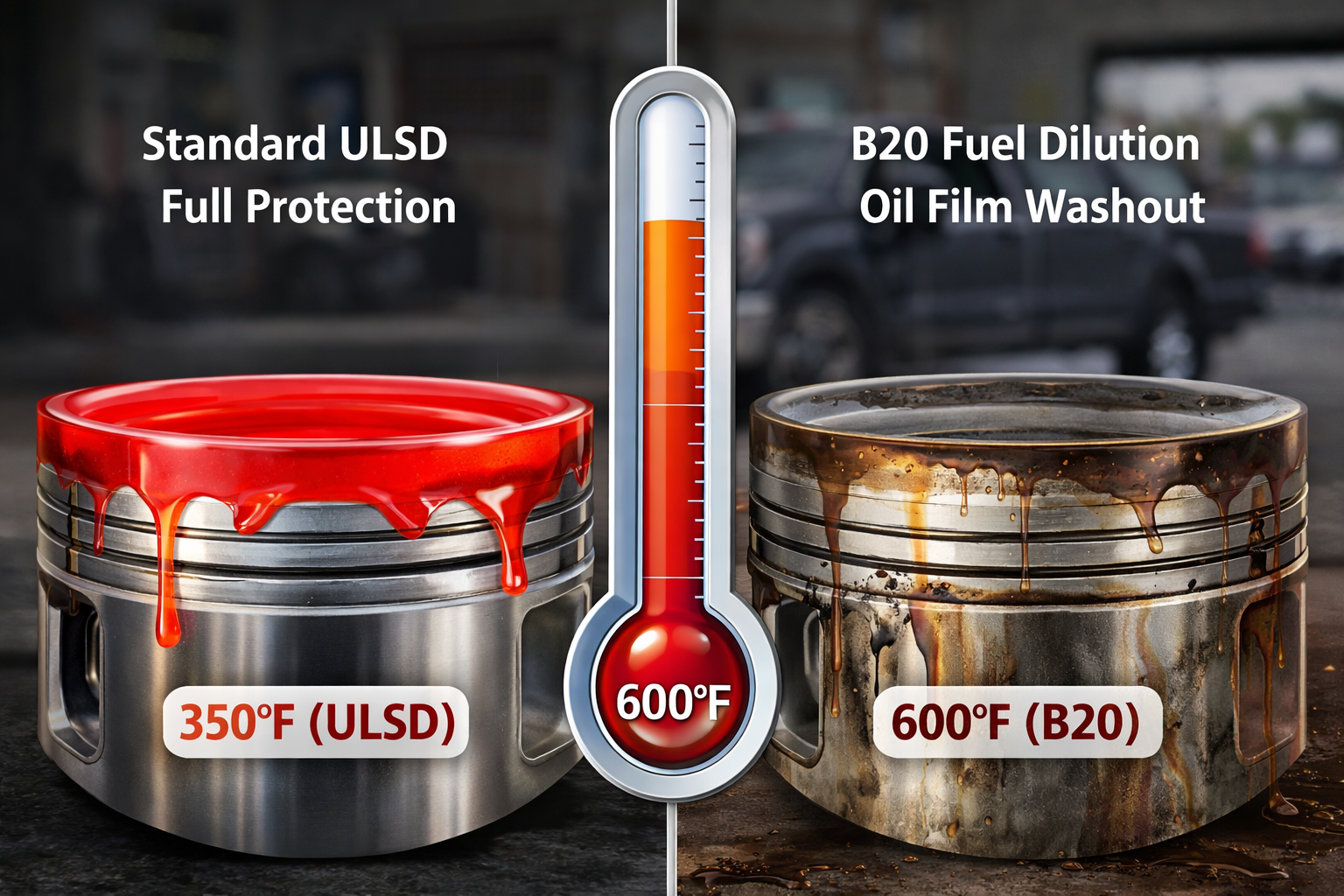 Diagram showing B20 fuel dilution and cylinder washing effect in diesel engines