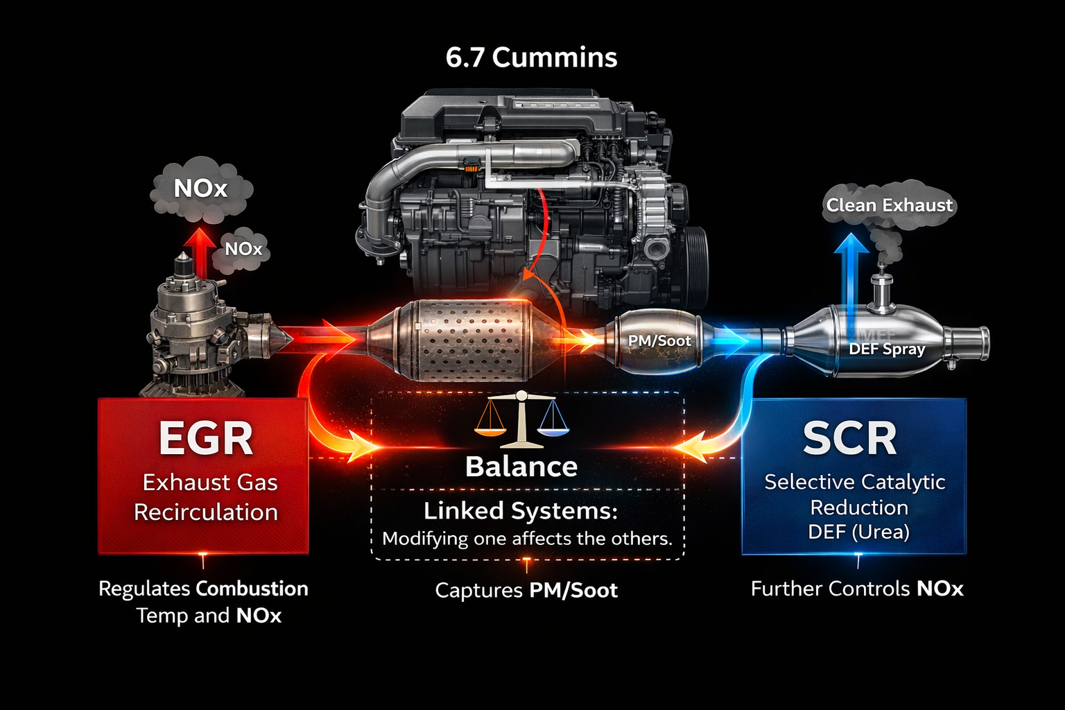 Diagram showing the relationship between EGR, DPF, and SCR on a 6.7 Cummins diesel engine, highlighting linked emissions systems and exhaust flow balance