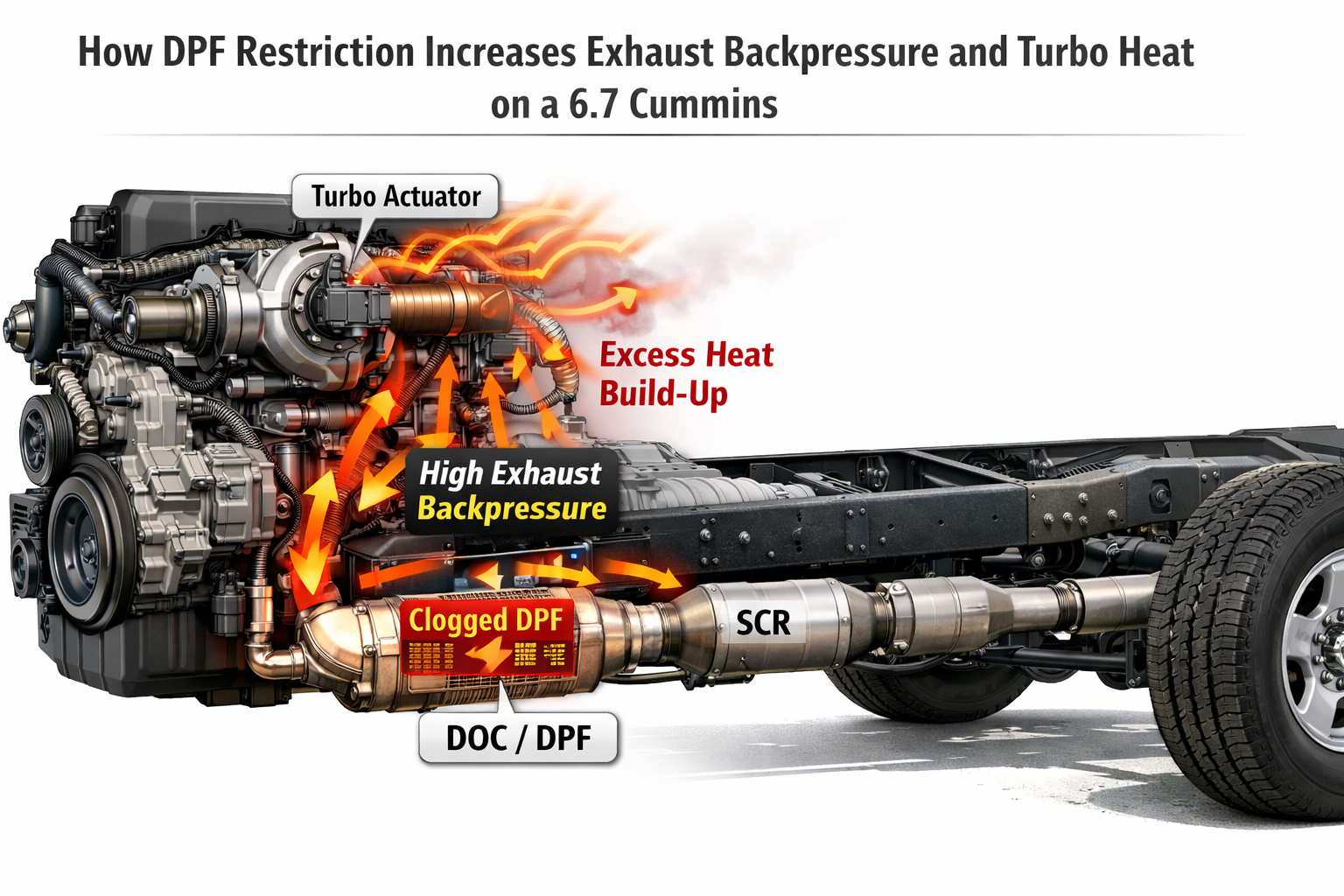 Illustration of a 6.7 Cummins engine and chassis showing how a clogged DPF increases exhaust backpressure and heat buildup around the turbo actuator.