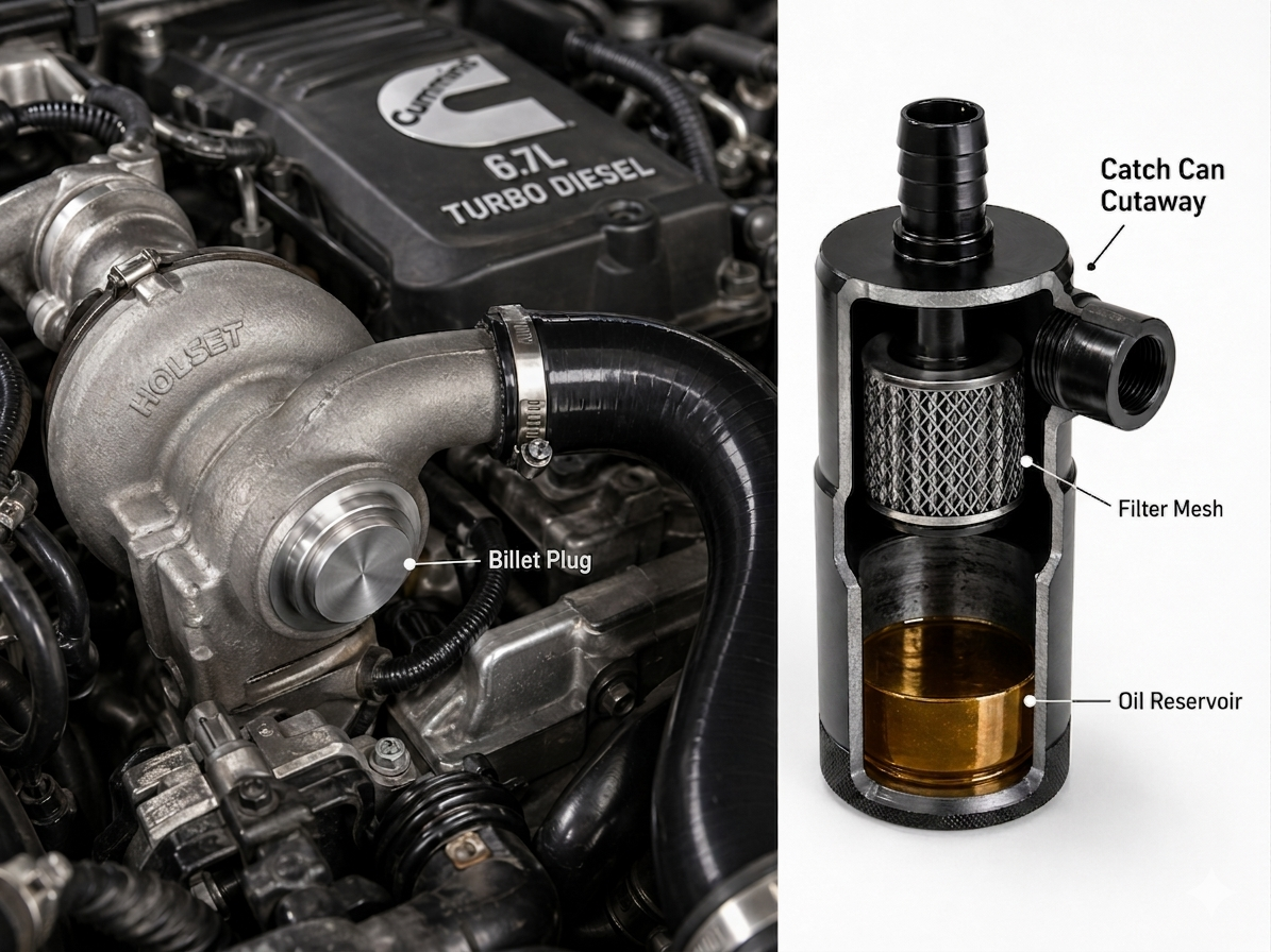 Technical diagram showing a billet plug installed on a 6.7 Cummins turbo intake and the internal filtration structure of an oil catch can