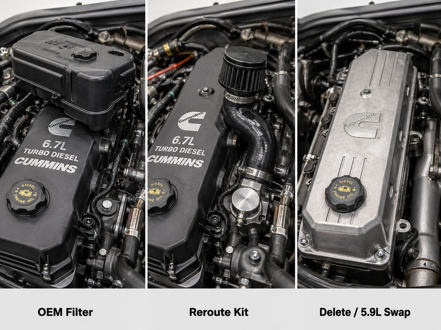6.7 cummins ccv system comparison oem filter vs reroute kit vs 5.9l valve cover swap