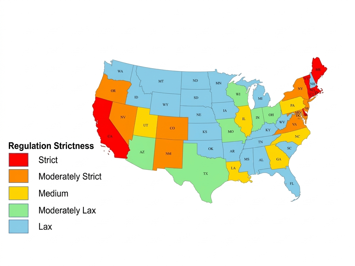 A color-coded map of the United States showing the levels of diesel emissions regulation strictness by state, ranging from Strict (red) to Lax (blue), titled 'Regulation Strictness