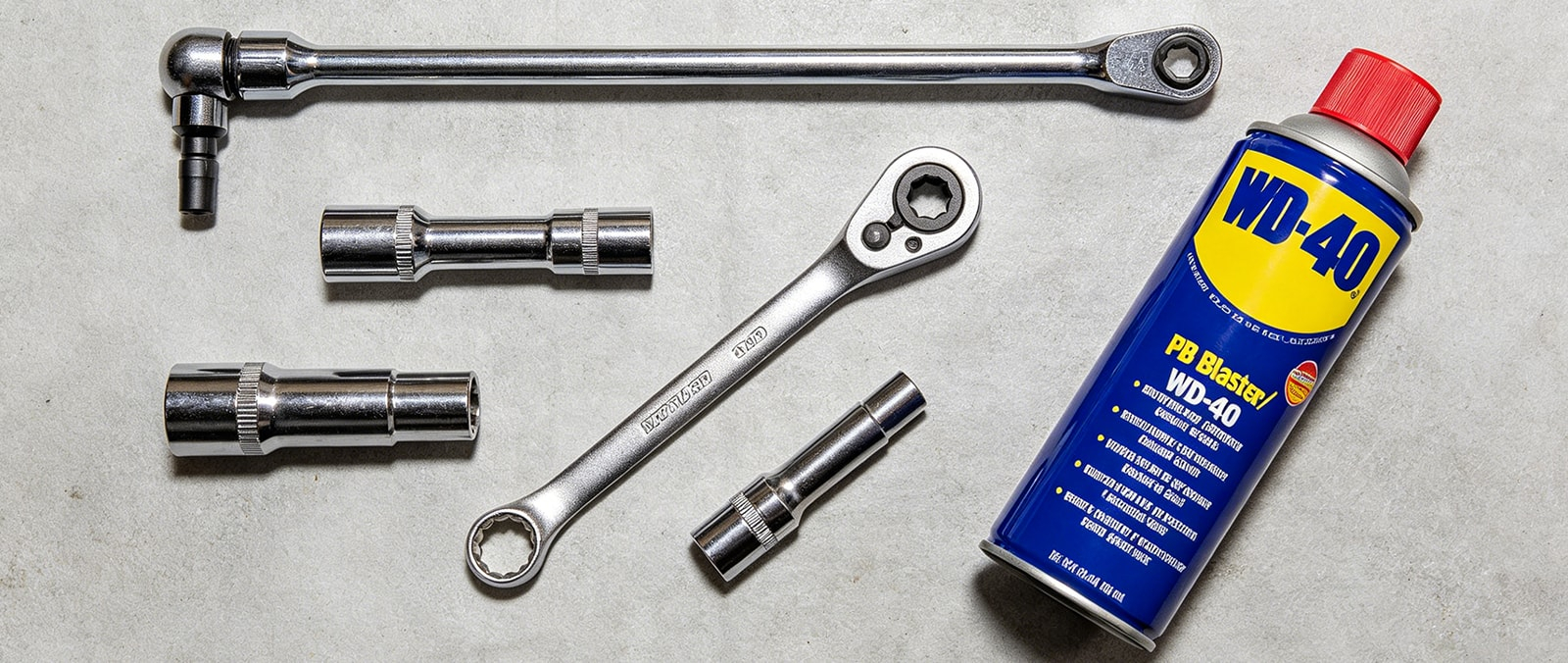 A set of mechanic tools, including long extensions, universal joints, deep sockets, and penetrating oil, laid out for a header installation