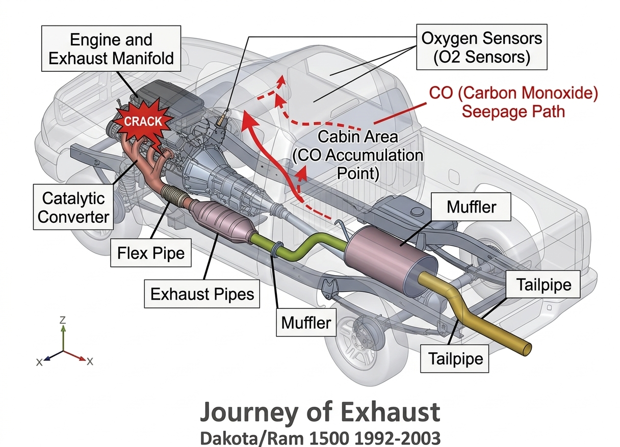 A transparent chassis diagram illustrating a cracked exhaust manifold leaking carbon monoxide into the cabin of a 1992-2003 Dodge Dakota Ram 1500