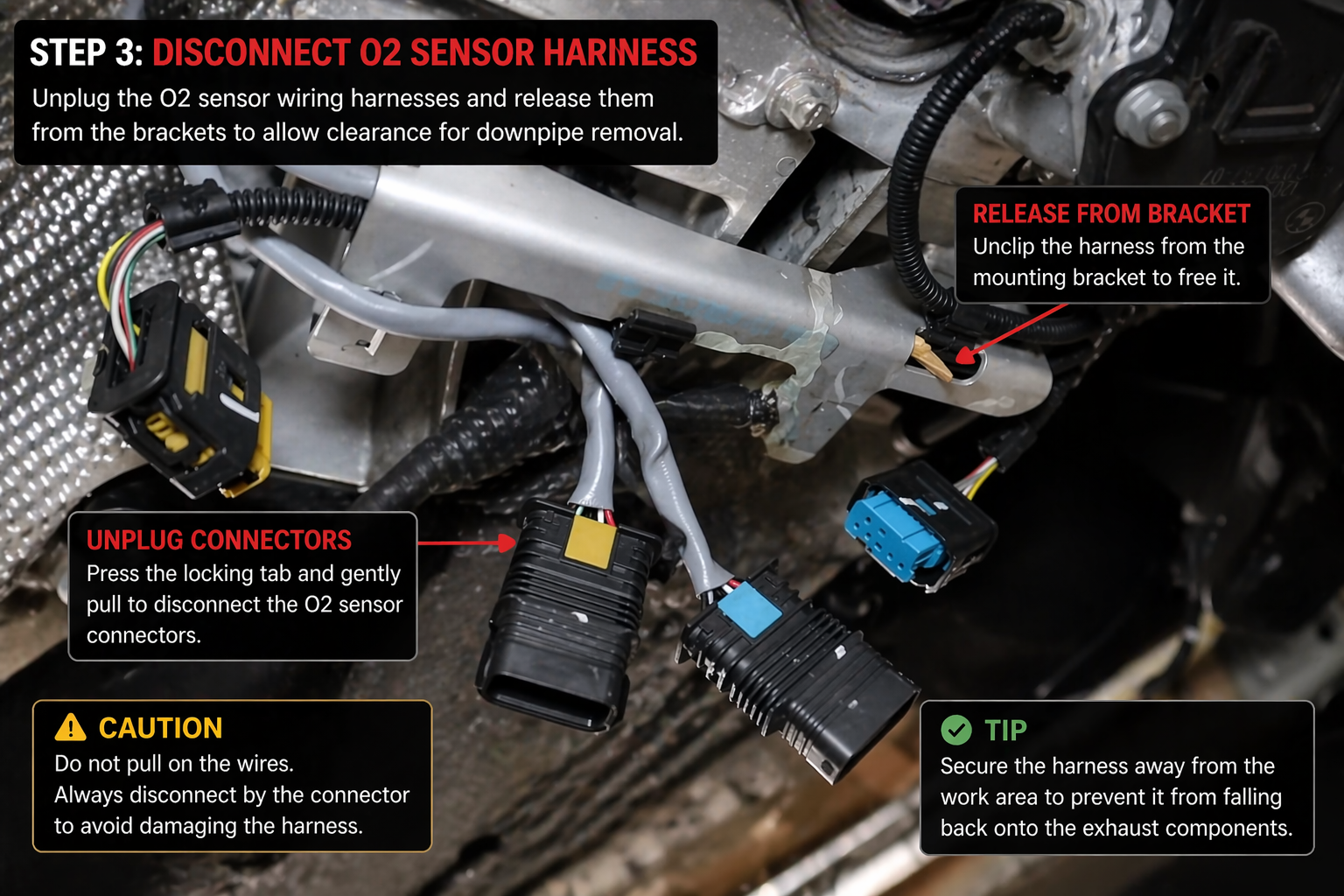BMW F80 M3 O2 sensor harness disconnected for downpipe removal