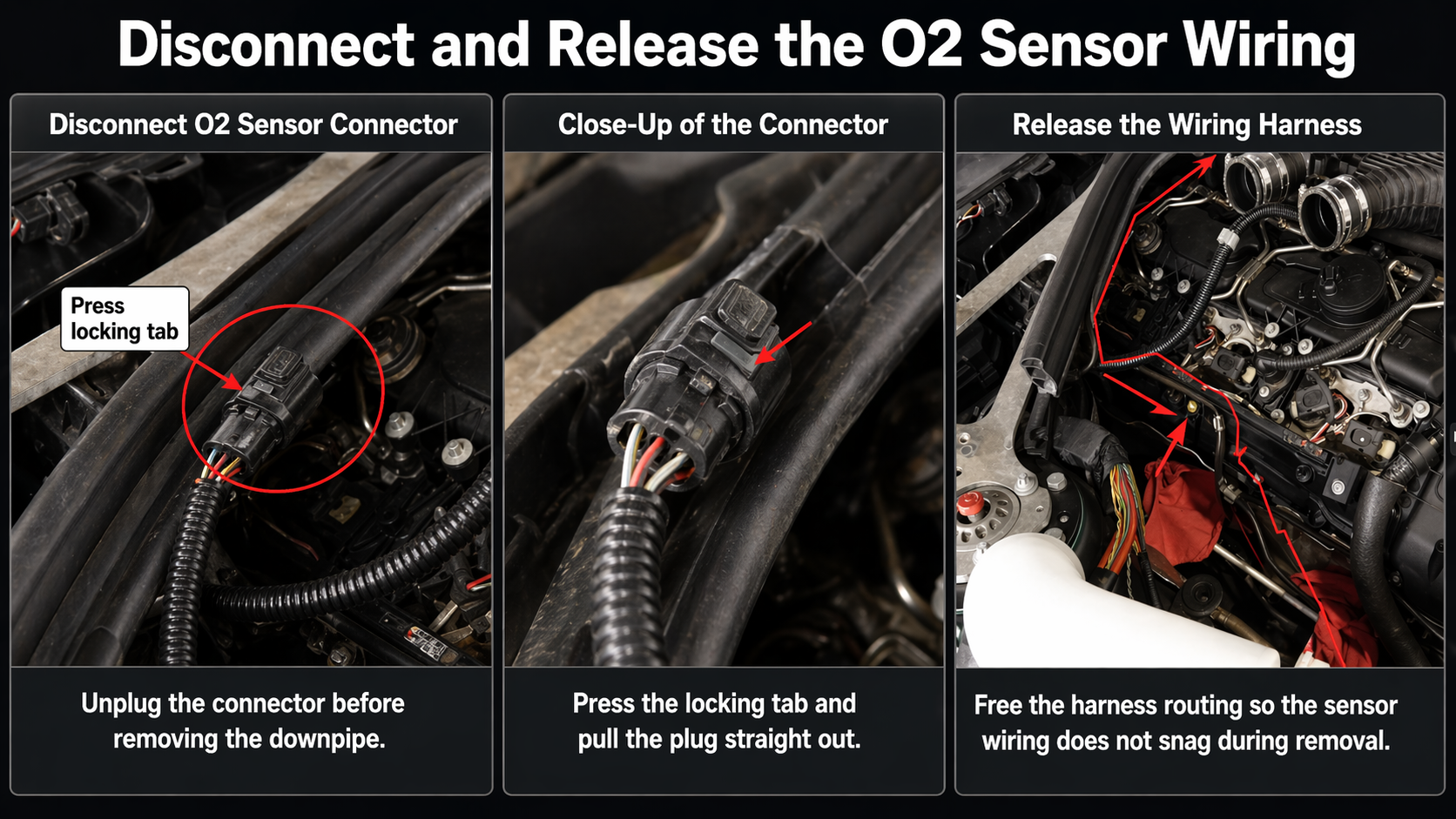 BMW F80 M3 O2 sensor wiring disconnect and harness release