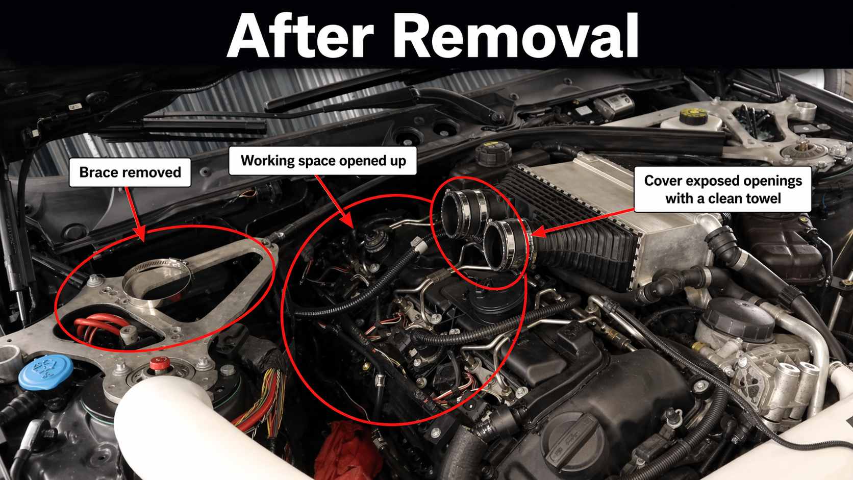 BMW F80 M3 engine bay after brace and intake removal