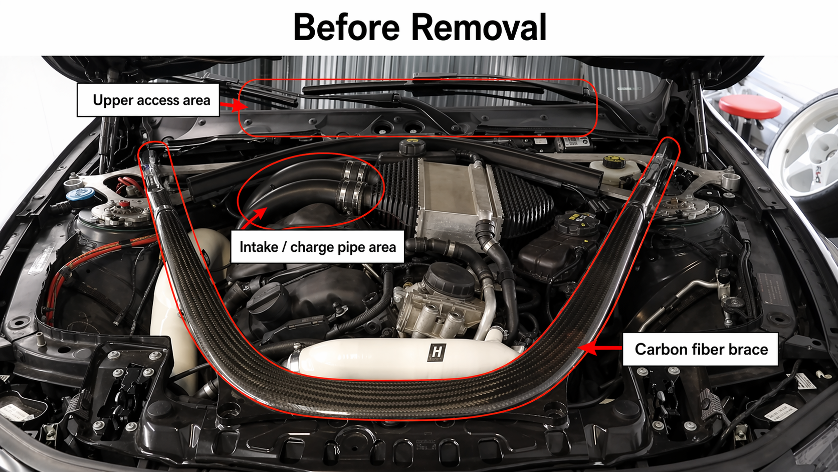 BMW F80 M3 engine bay before downpipe removal