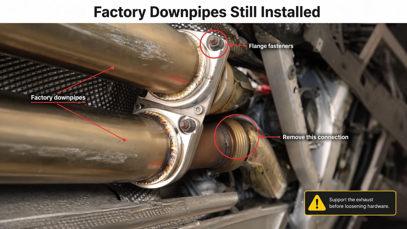 BMW F80 M3 factory downpipes and flange fasteners before removal