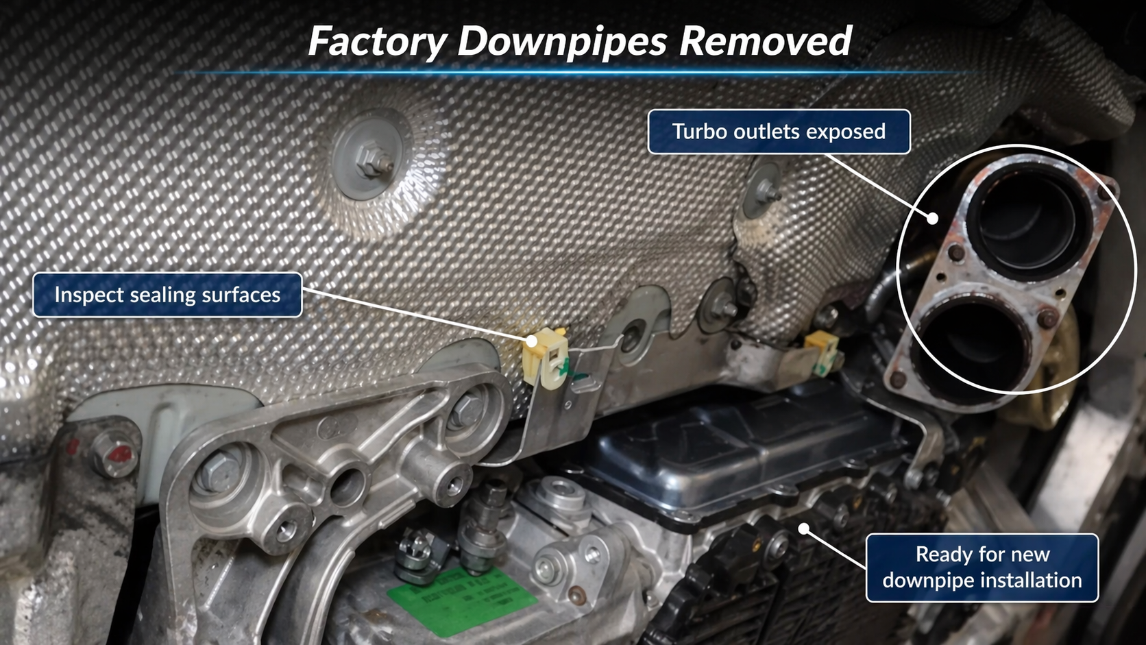 BMW F80 M3 factory downpipes removed with turbo outlets exposed