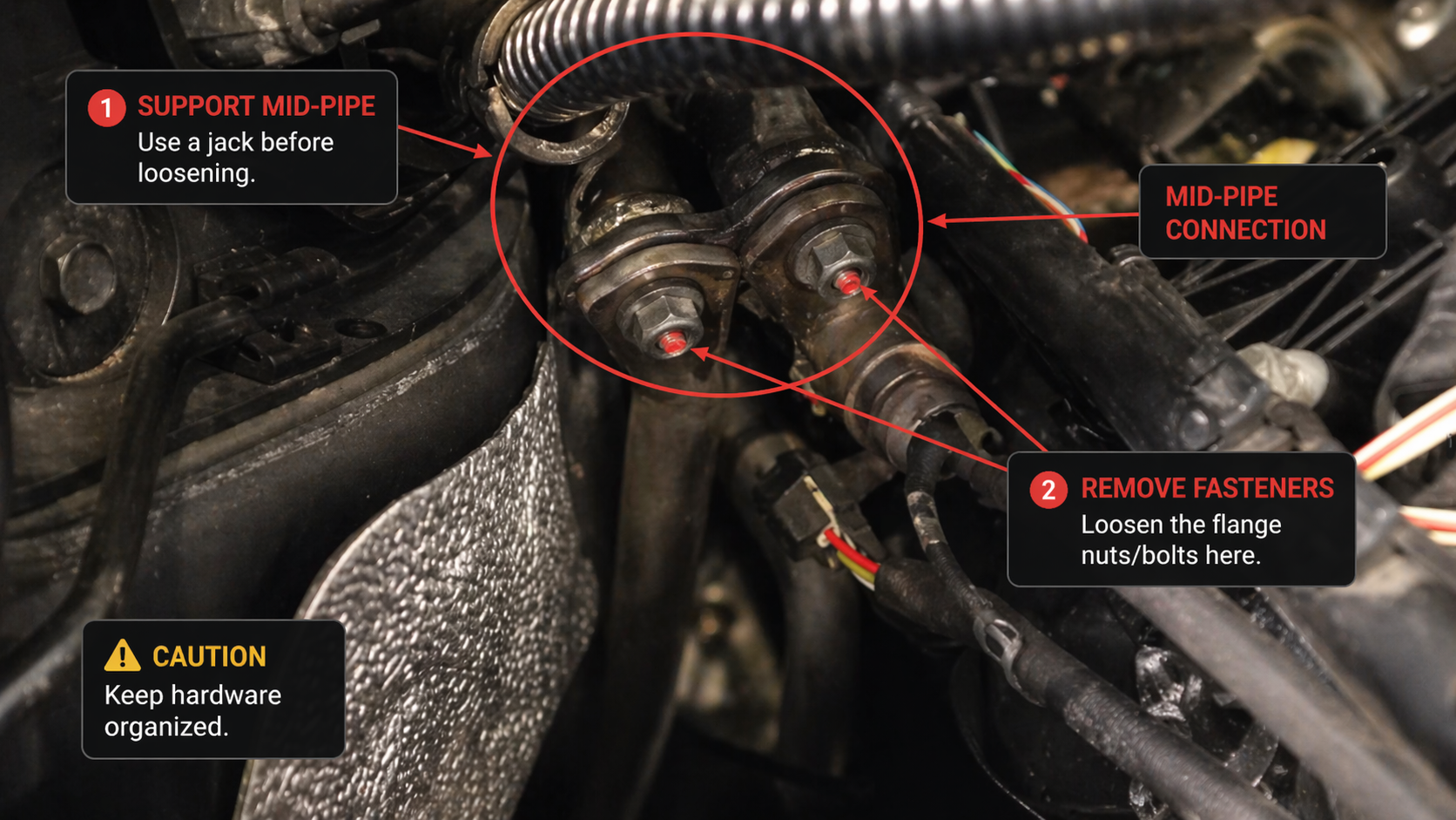 BMW F80 M3 mid-pipe connection and flange fastener removal