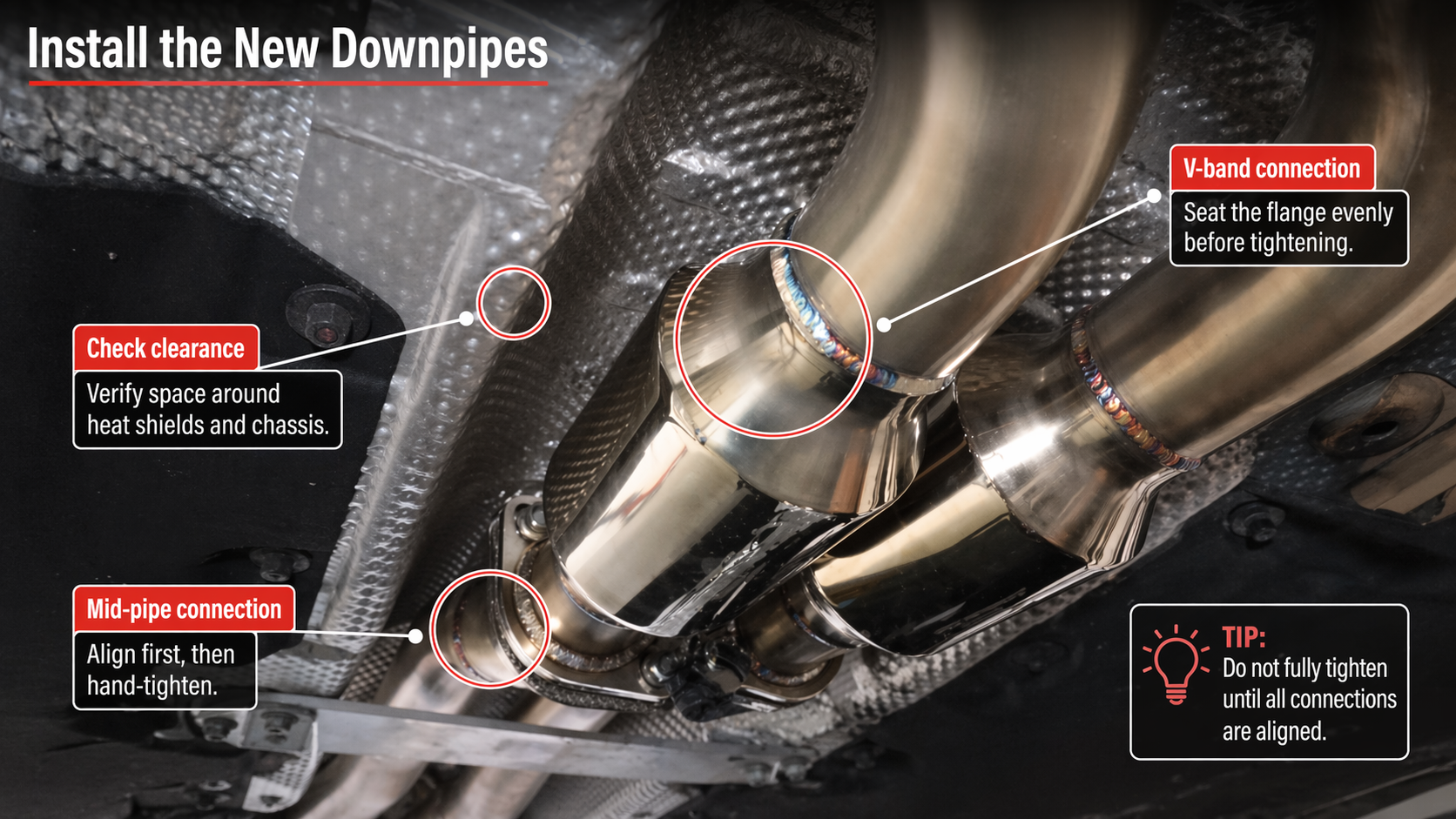 BMW F80 M3 new downpipes installed with V-band and mid-pipe alignment