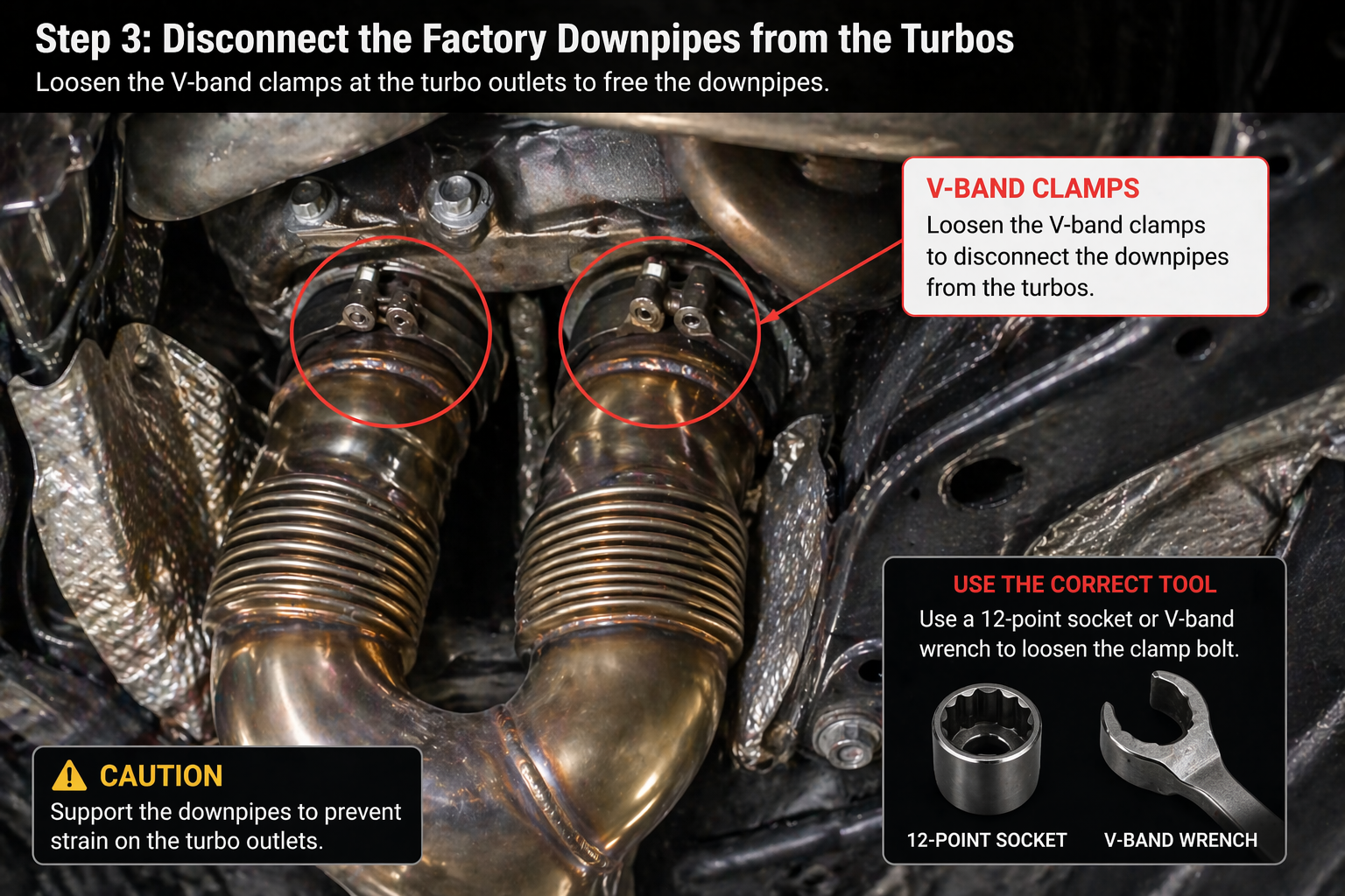BMW F80 M3 turbo-side V-band clamp removal for factory downpipes