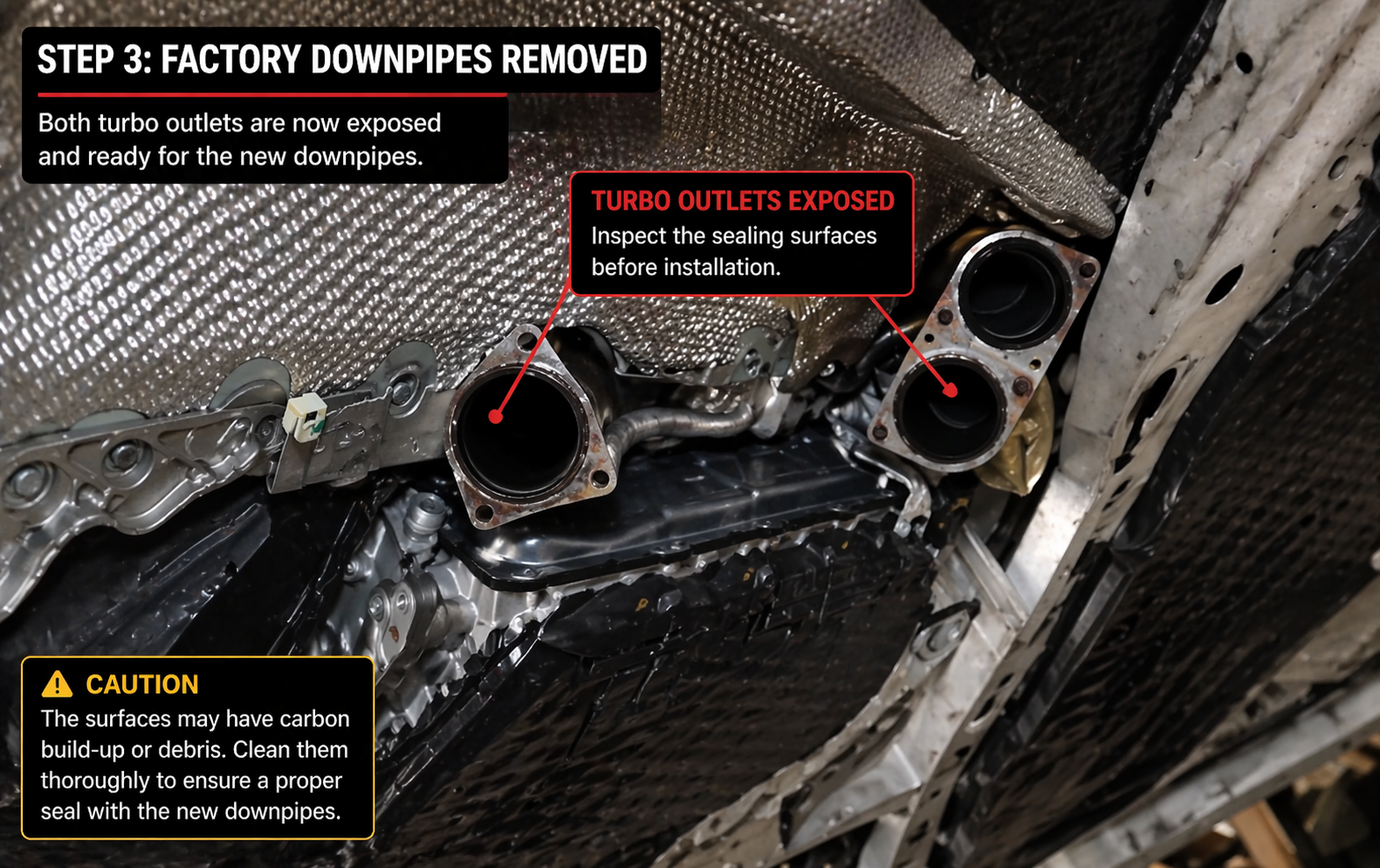 BMW F80 M3 turbo outlets exposed after factory downpipe removal