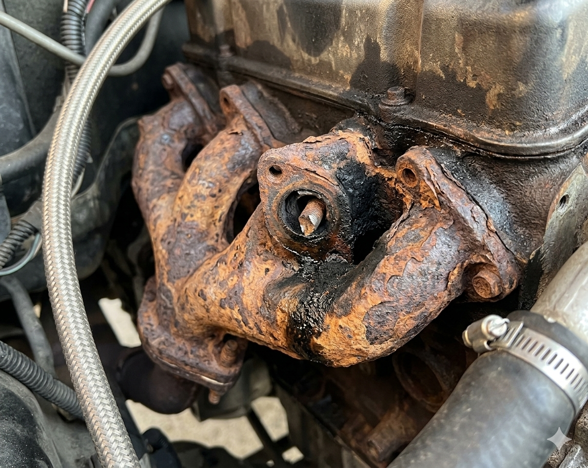 Close-up of a rusted cast-iron exhaust manifold with a snapped bolt and black soot deposits on a Dodge Ram 1500 engine