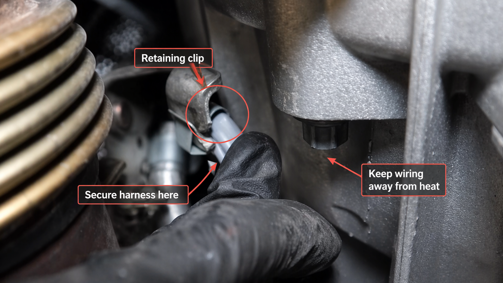 O2 sensor wiring retained away from heat during F80 M3 downpipe installation