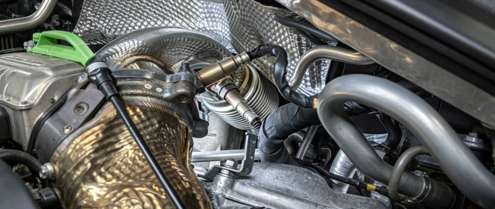 Precise installation clearance between a custom 4-inch Downpipe and the firewall/AC lines on a 6.7 Cummins after a 2nd Gen Swap