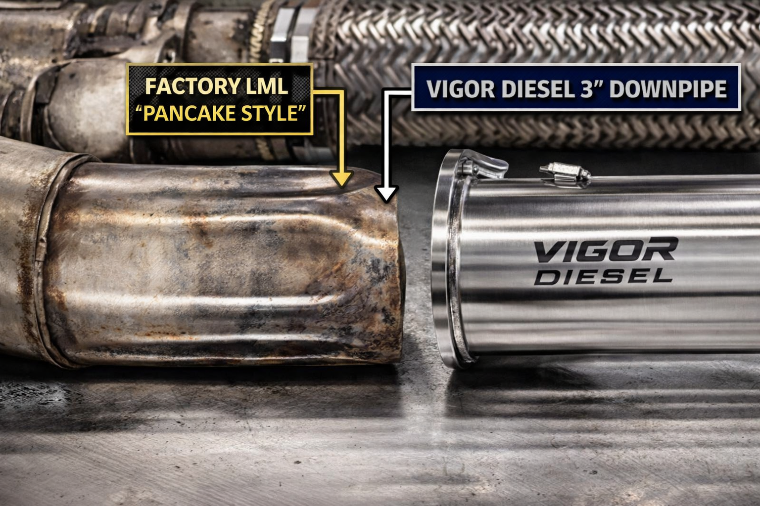 Restrictive factory LML downpipe pancake style section vs Vigor Diesel 3 inch upgrade