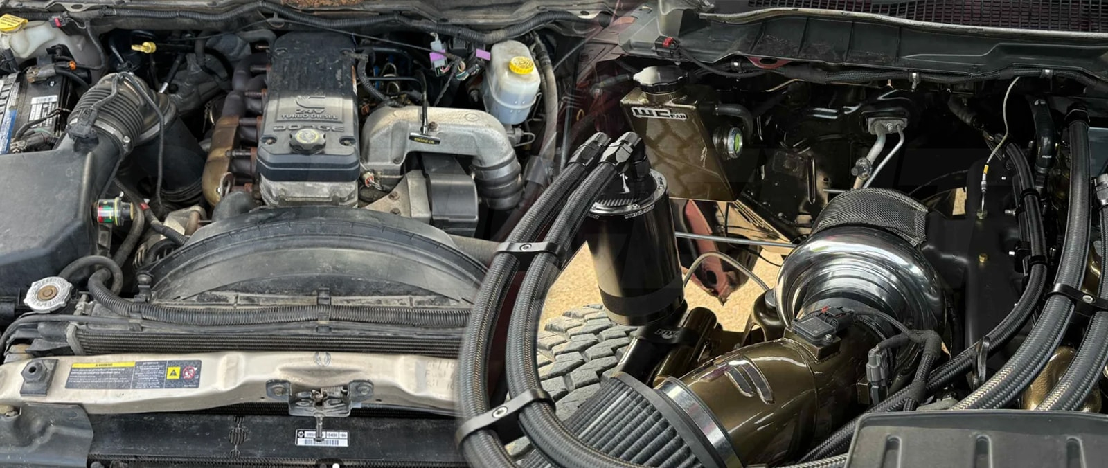 Side-by-side comparison of the stock 6.7 Cummins bottom-mount VGT turbo layout versus a 2nd Gen Swap center-mount fixed-geometry turbo layout