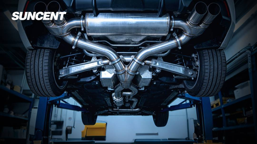 Undercarriage view of the final exhaust connection between the long tube headers collector and the new Y-pipe section on a 2003 F-150