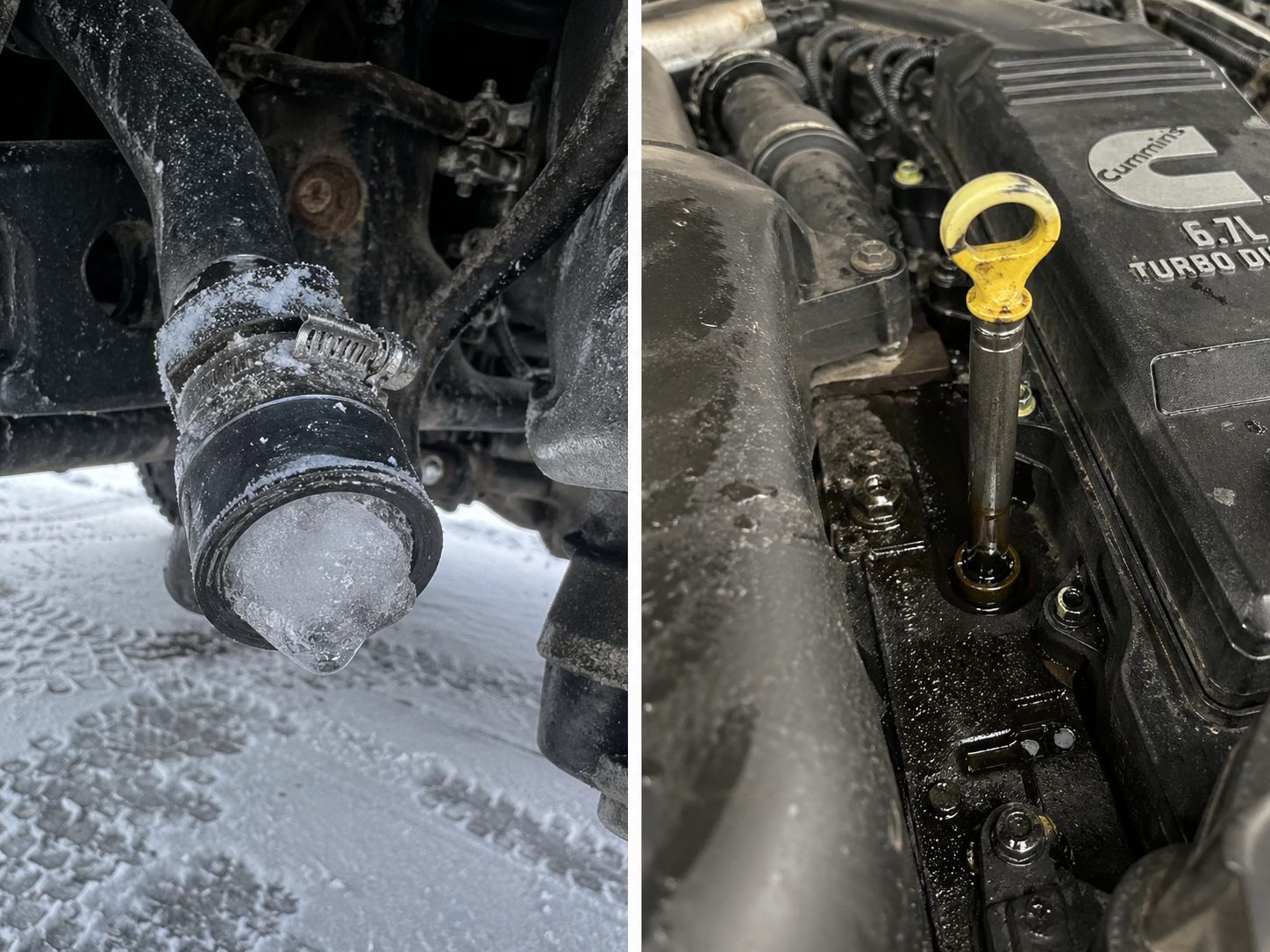 A frozen CCV reroute hose exit next to a 6.7 Cummins engine with a popped-out dipstick caused by high crankcase pressure