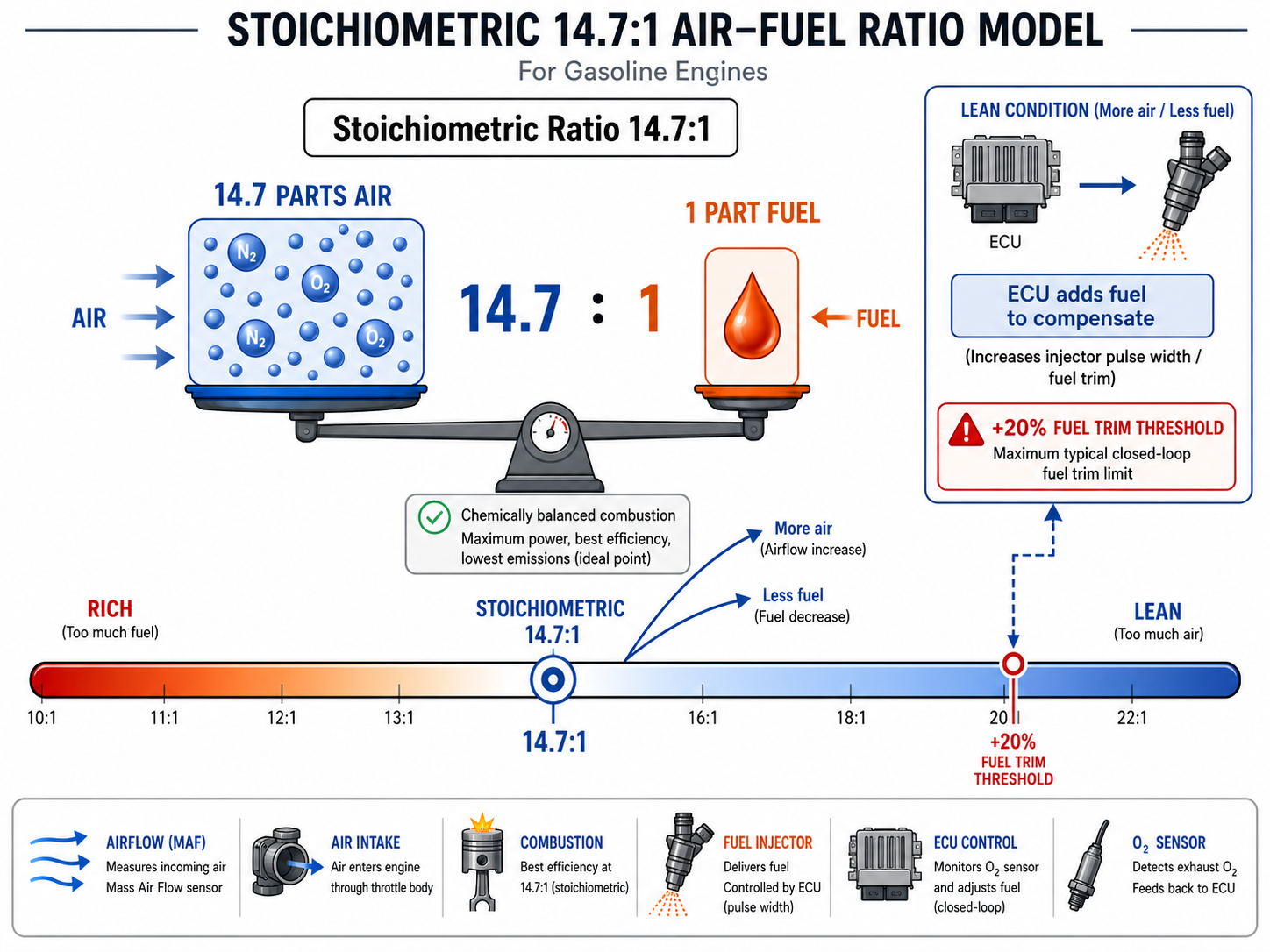 Stoichiometric 14.7:1 air-fuel ratio diagram showing lean shift and ECU fuel trim threshold