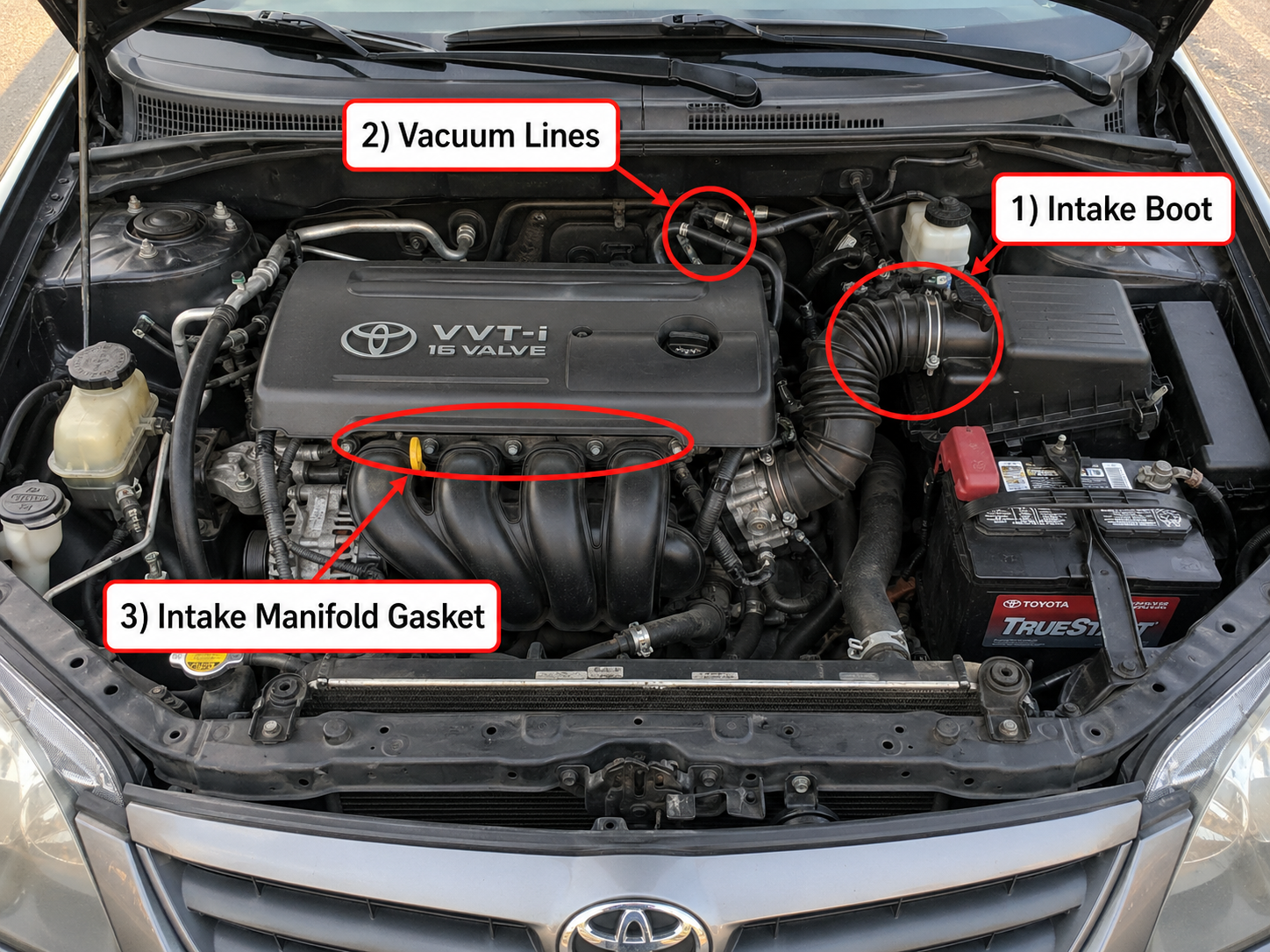 Toyota Corolla 1.8L engine bay showing three common vacuum leak points