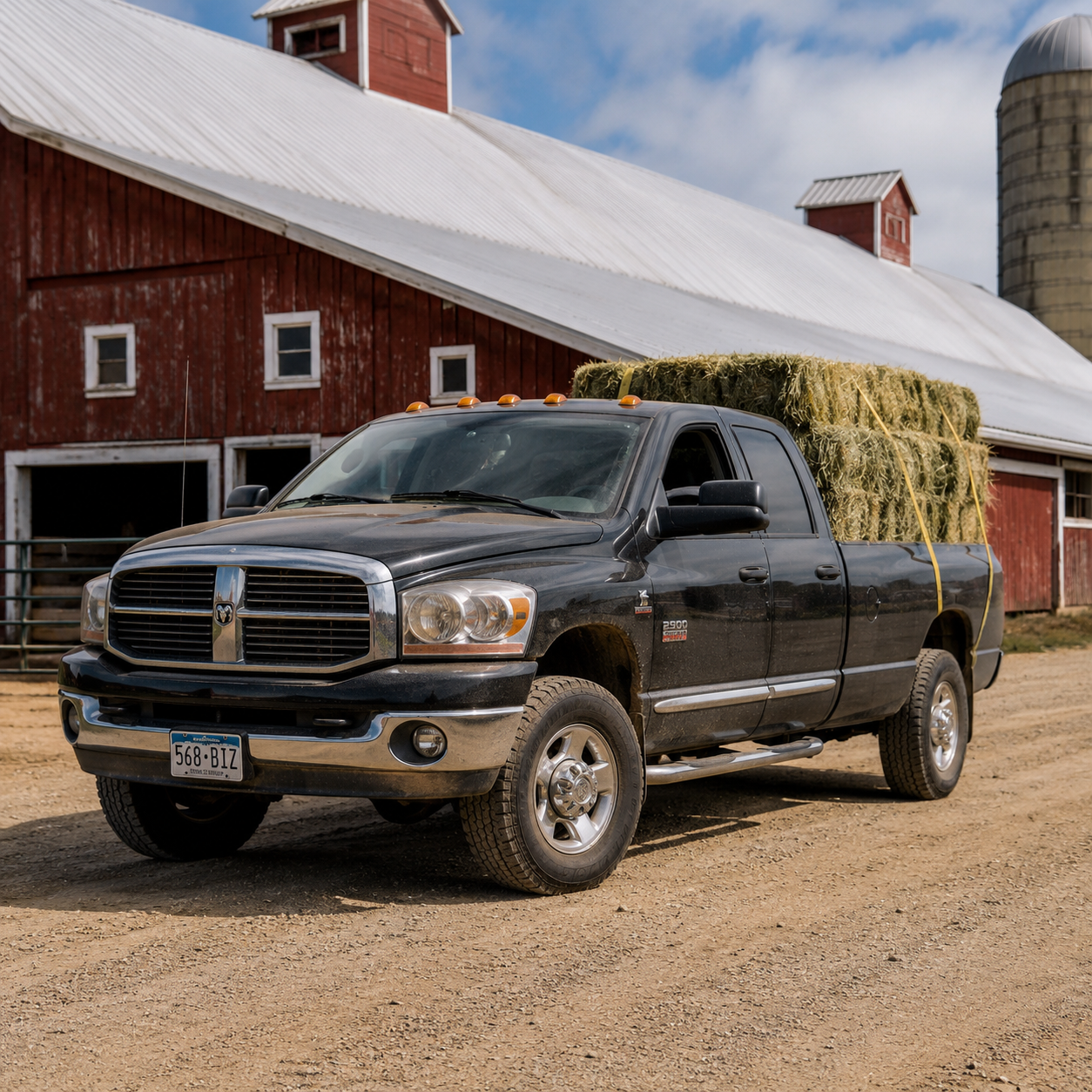 2008 Dodge Ram 2500 diesel truck loaded with hay bales on an American farm