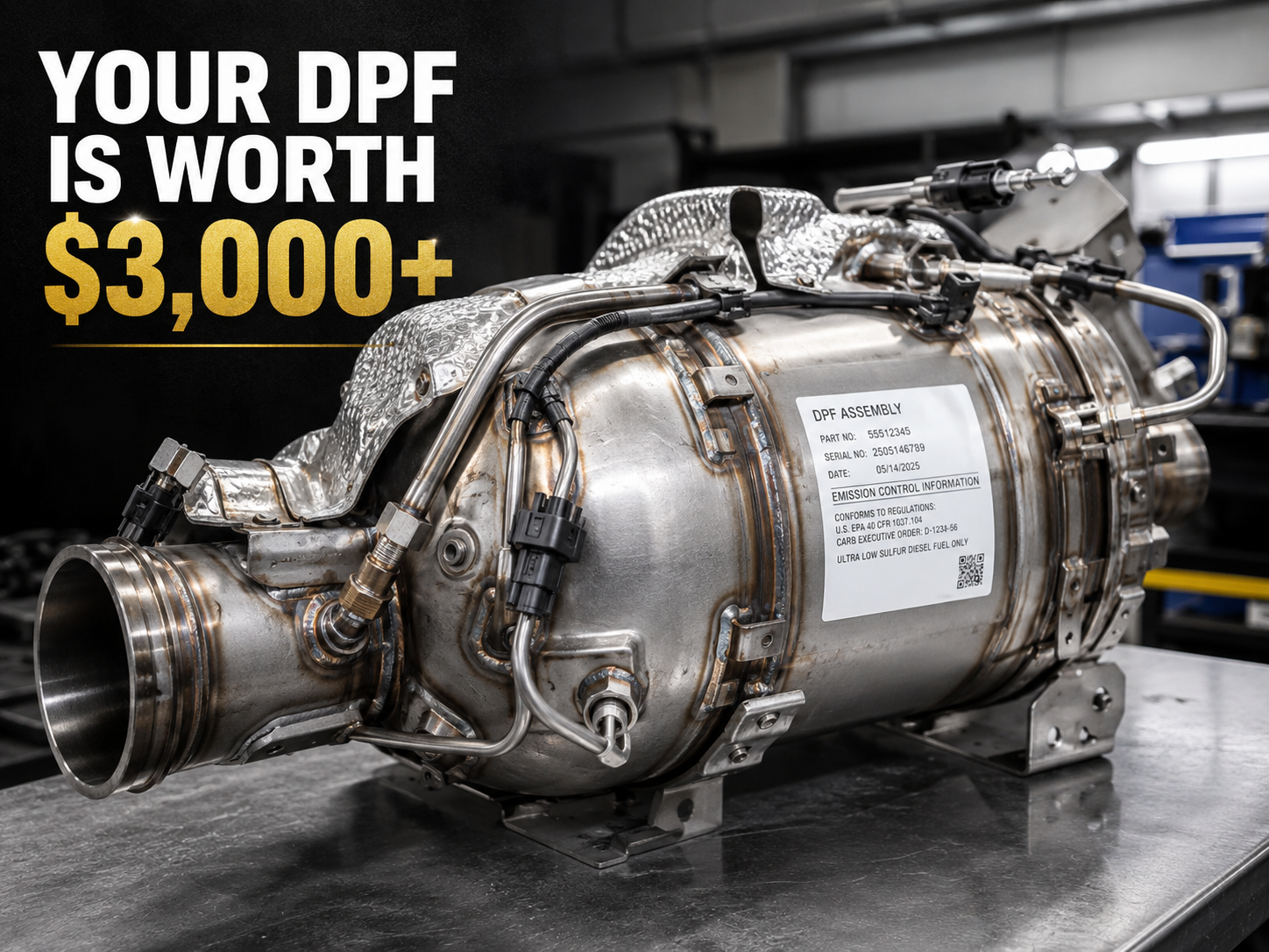 2025 OEM DPF assembly with sensor ports and $3,000 value callout