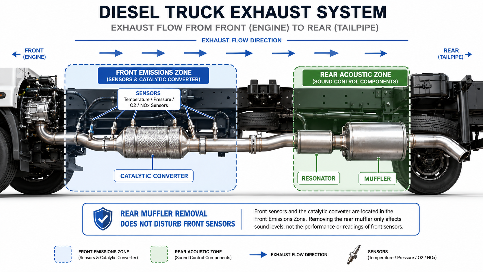 Diesel truck exhaust system diagram showing muffler resonator catalytic converter and sensors