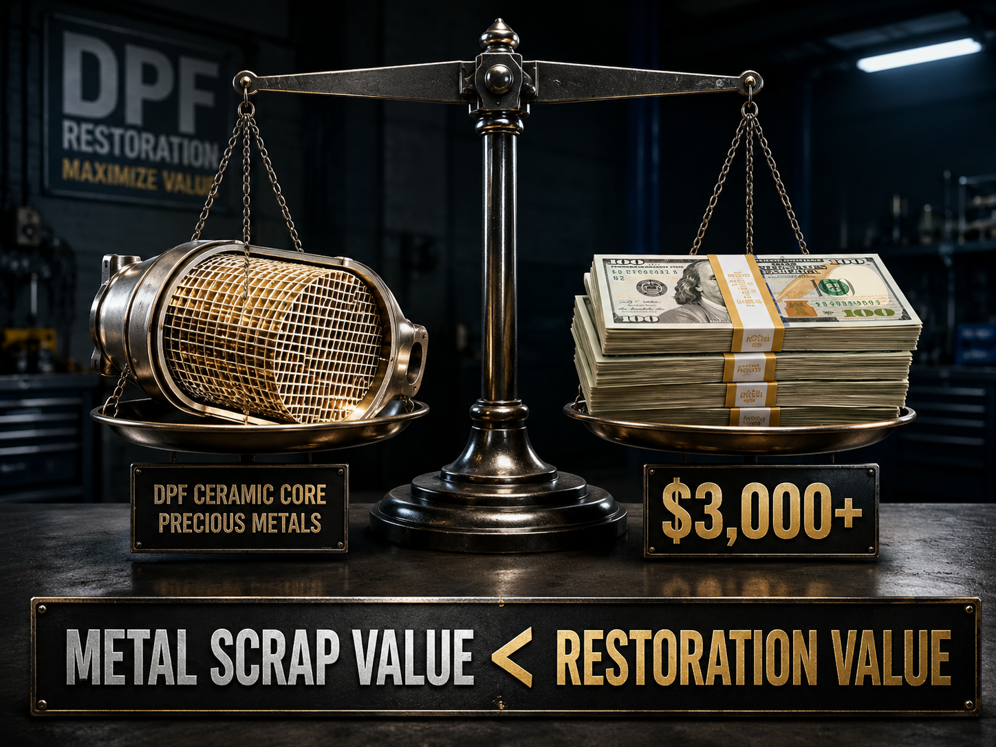 DPF ceramic core balanced against cash showing restoration value over scrap value