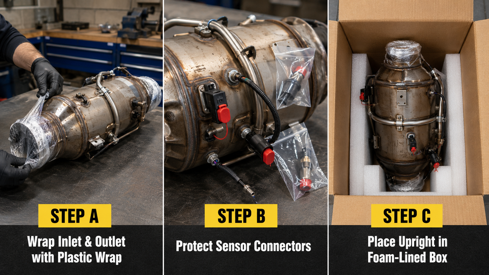 dpf-packing-steps-with-plastic-wrap-sensor-protection-and-foam-lined-box