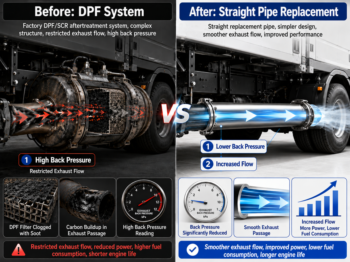Infographic comparing a DPF system and a straight pipe replacement with lower back pressure and increased exhaust flow.