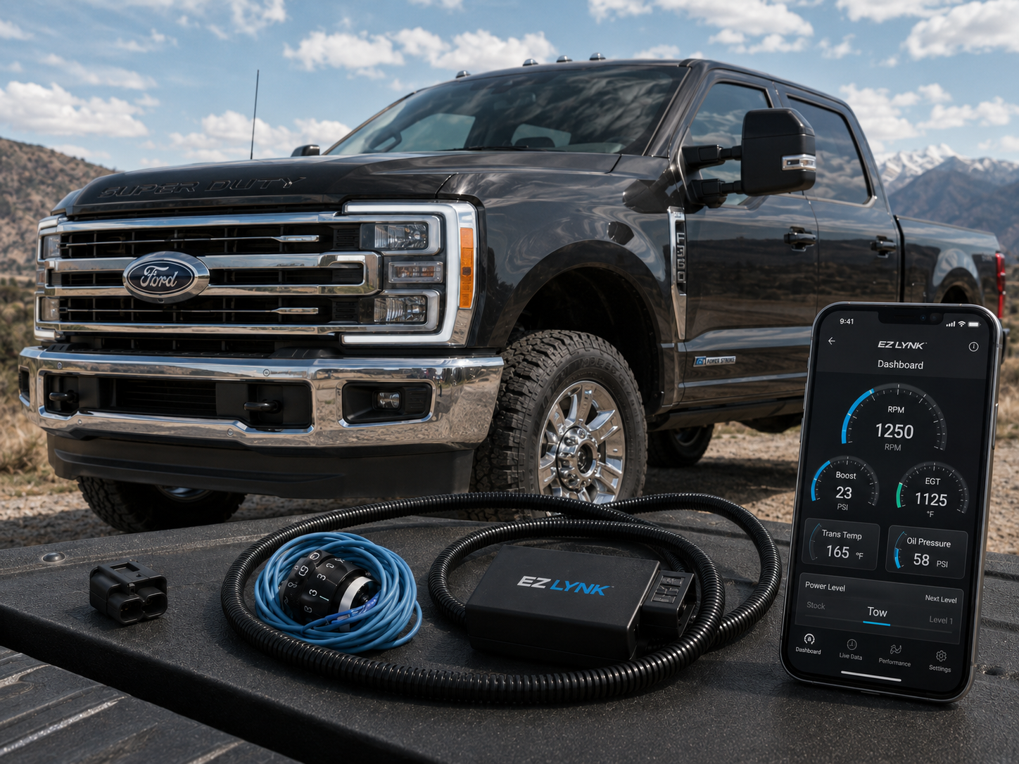 EZ LYNK Auto Agent 3 tuning device, SOTF switch, cables, and Auto Agent app displayed with a 2024 Ford F-350 6.7L Powerstroke truck