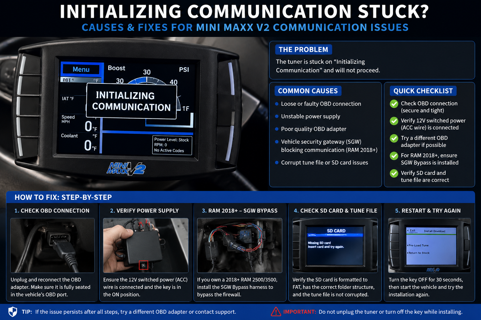 Mini Maxx V2 stuck on Initializing Communication screen with OBD connection, power, truck profile, and SGW bypass troubleshooting steps