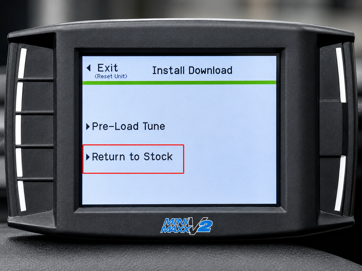 Mini Maxx V2 Return to Stock option in the Install Download menu for recovering an interrupted tune installation