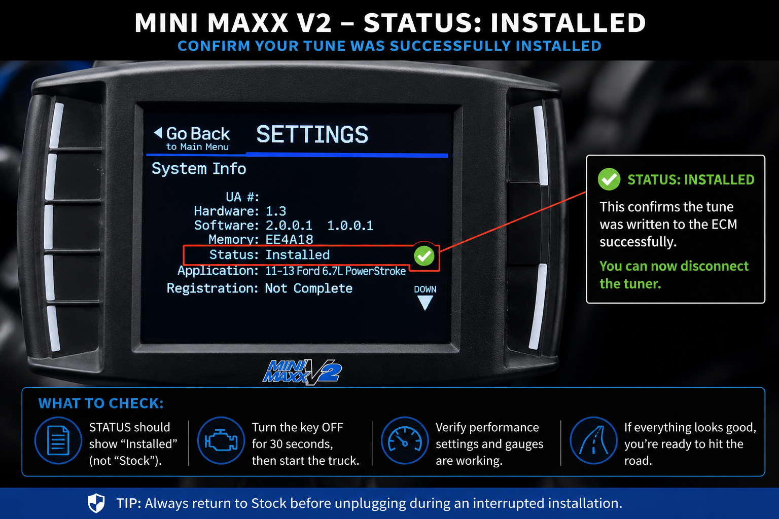 Mini Maxx V2 System Info screen showing Status Installed after a successful tune installation