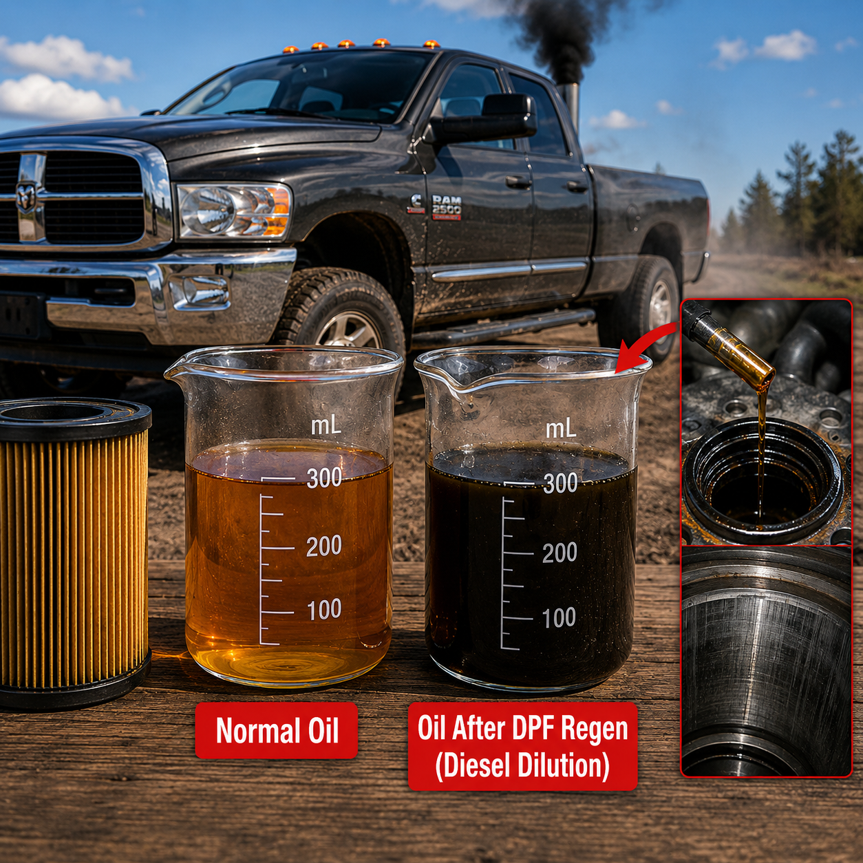 Comparison of normal engine oil and dark fuel-diluted oil after DPF regeneration on a 2008 Dodge Ram 2500 6.7L Cummins