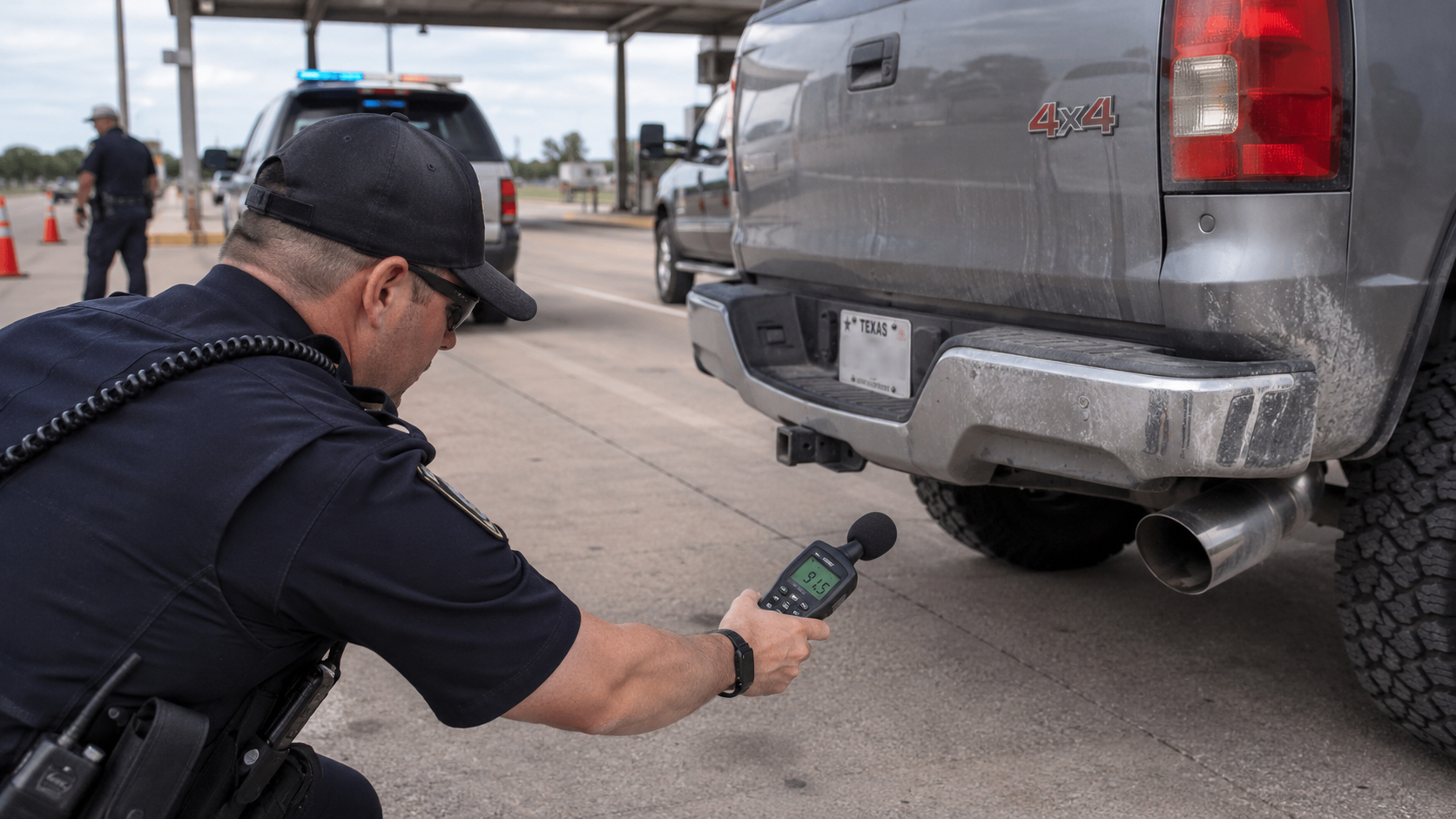 Police decibel meter exhaust noise test on diesel truck