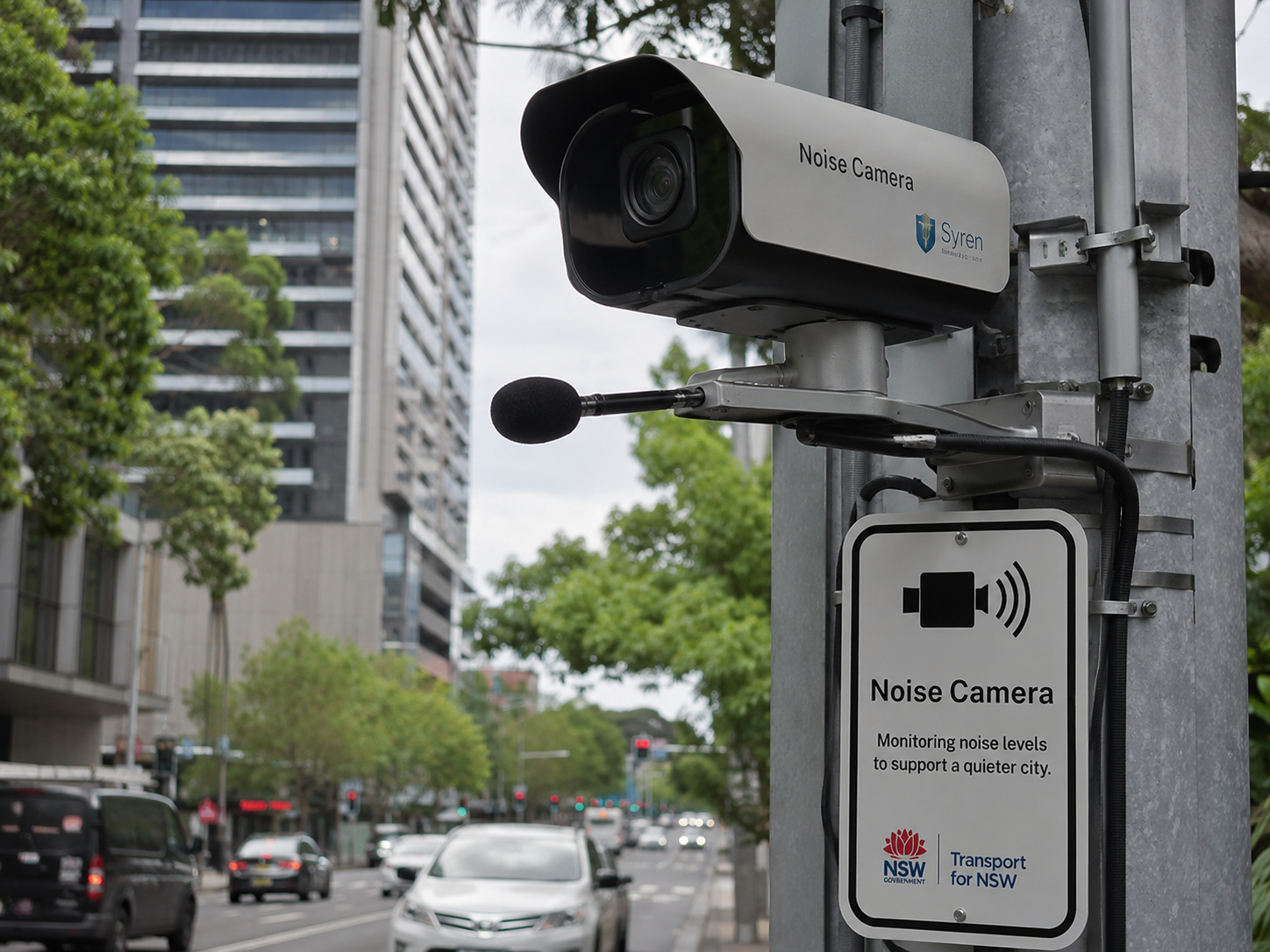 Urban noise camera installed on a city road