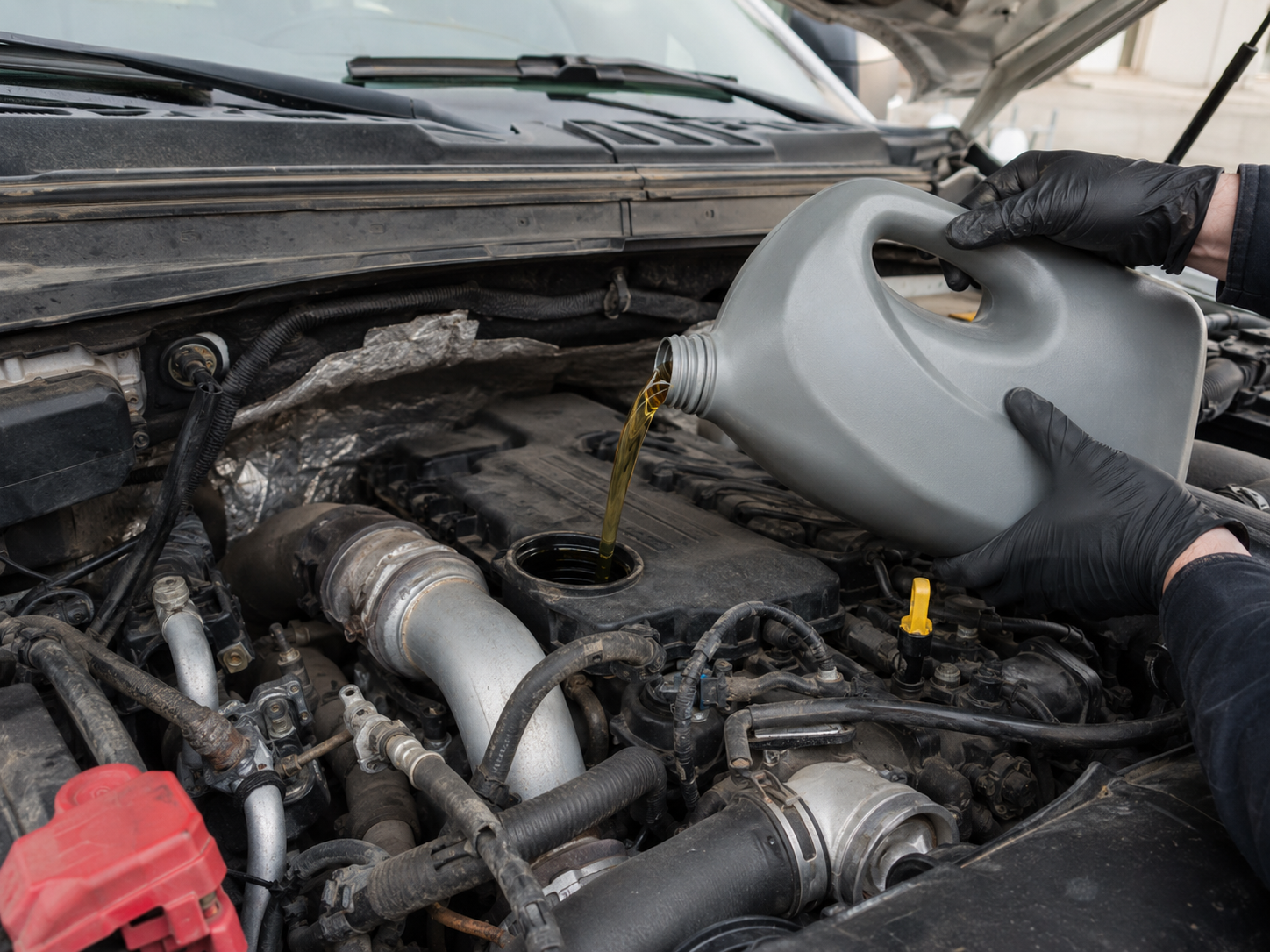 Gloved hand pouring fresh engine oil into a 2018 Ford F-350 engine bay during a diesel oil change