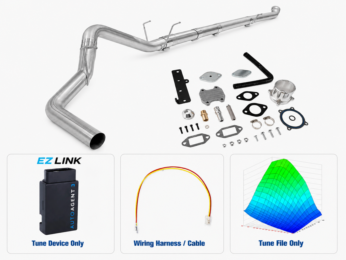 2019–2024 6.7L Cummins diesel delete kit with exhaust hardware, tuning device, wiring harness, and tune file options for off-highway or export-only applications