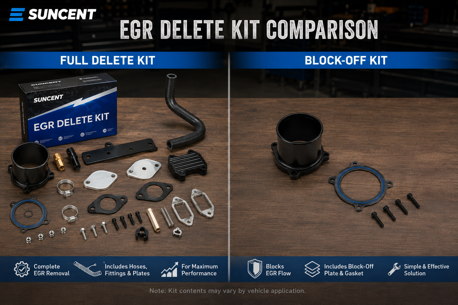 suncent 6.7 Cummins EGR delete kit comparison showing full delete kit parts and block-off kit components