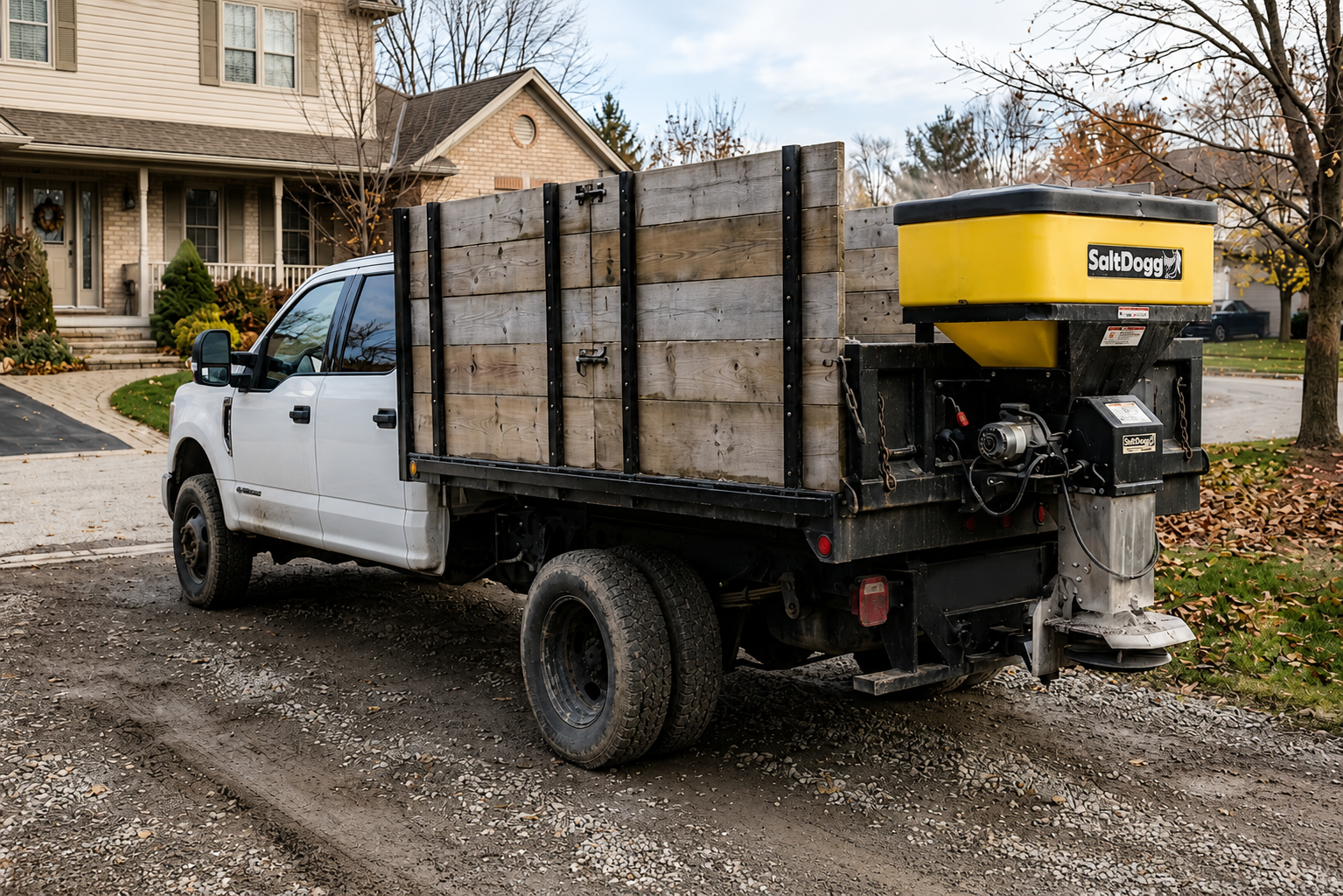 Custom DIY flatbed dump truck conversion on a heavy-duty dually pickup with stake sides and rear salt spreader